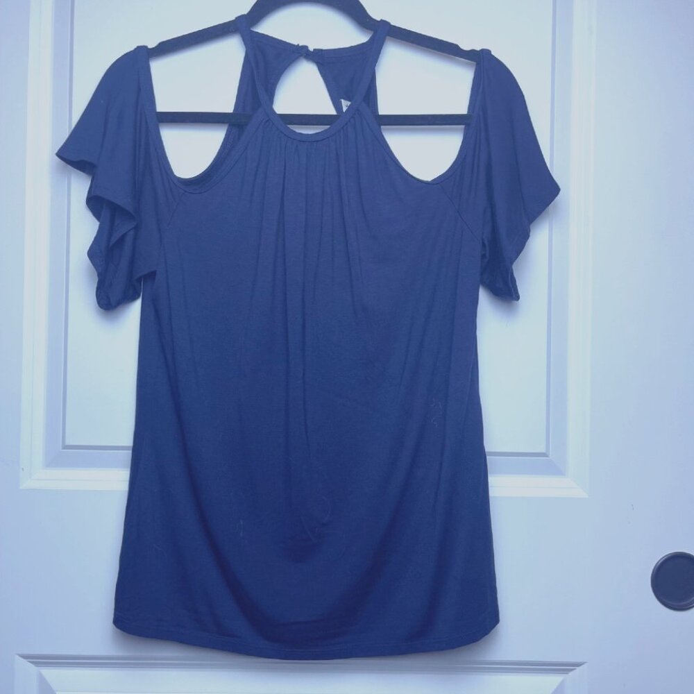 Trina Turk Off‑Shoulder Boho Navy Top | Size Large